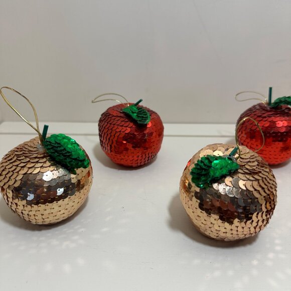 Handmade Vintage Sequin Apple Christmas Ornaments Set Of 5 Gold & Red - Picture 15 of 16